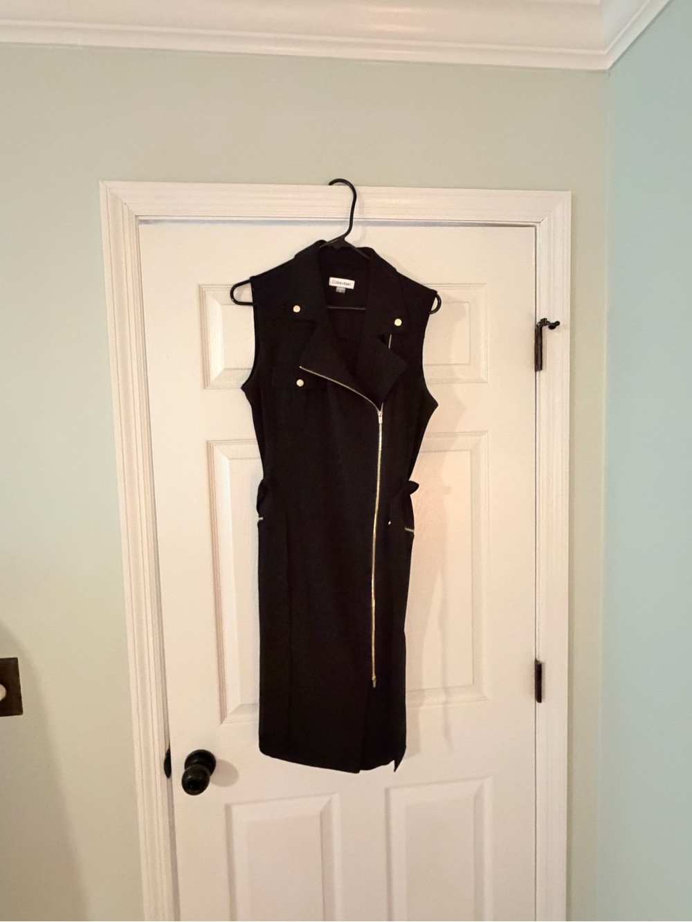 Calvin Klein Black Sleeveless Midi Dress with Asymmetric Gold Zip Detail